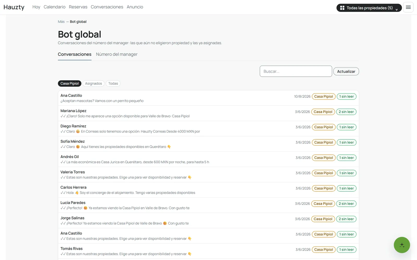 Bandeja del bot global con la propiedad en cada conversación