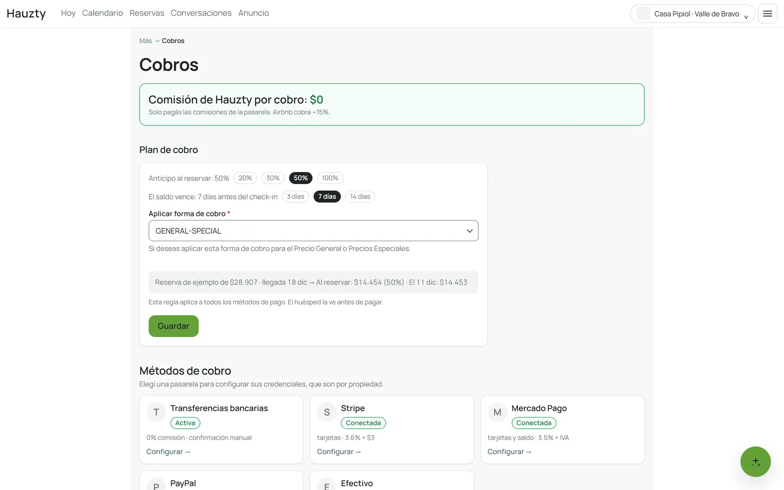 Configuración de cobros: anticipo y métodos de pago conectados
