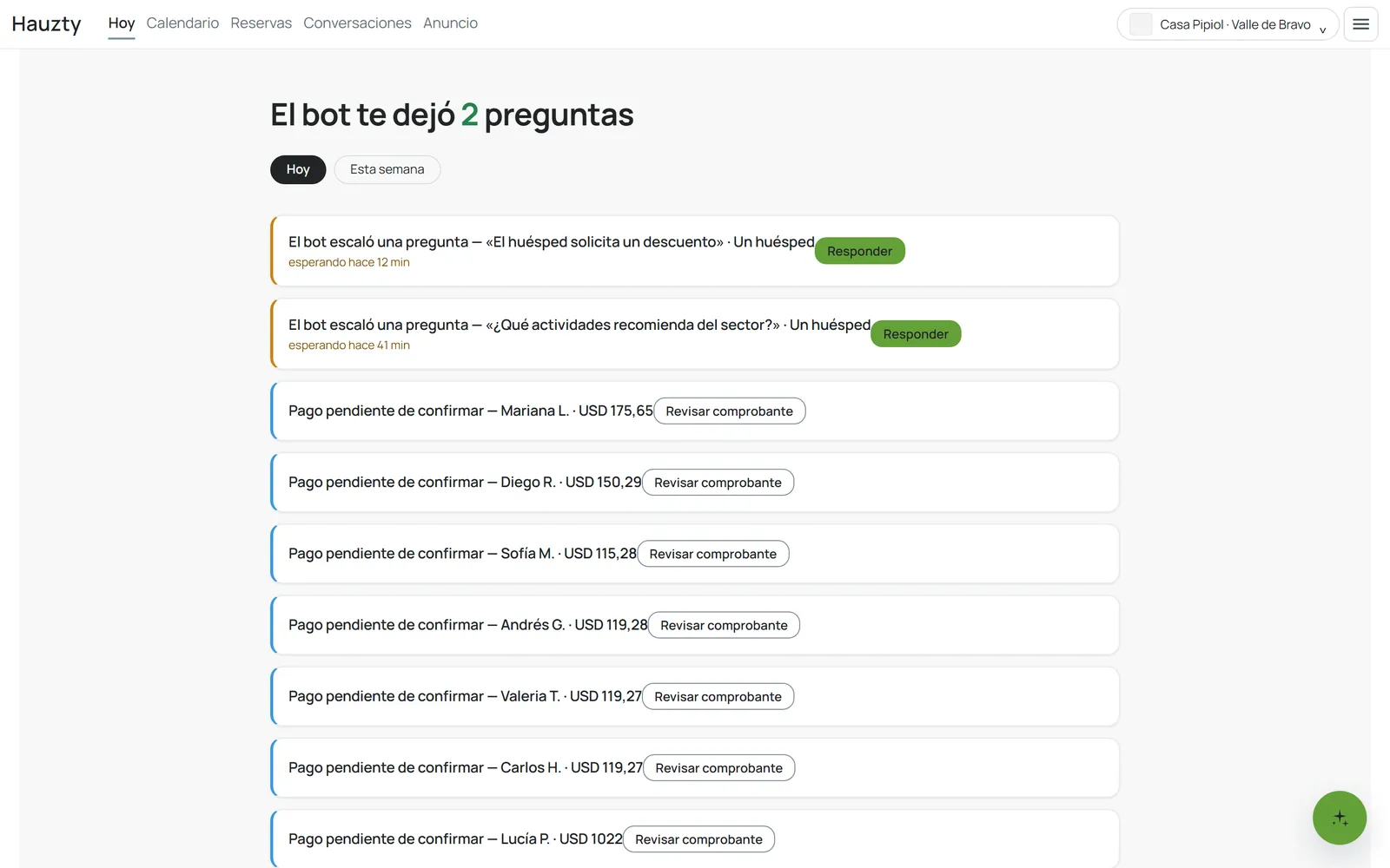 Lo que necesita tu atención: preguntas que el bot te pasó y pagos por confirmar.