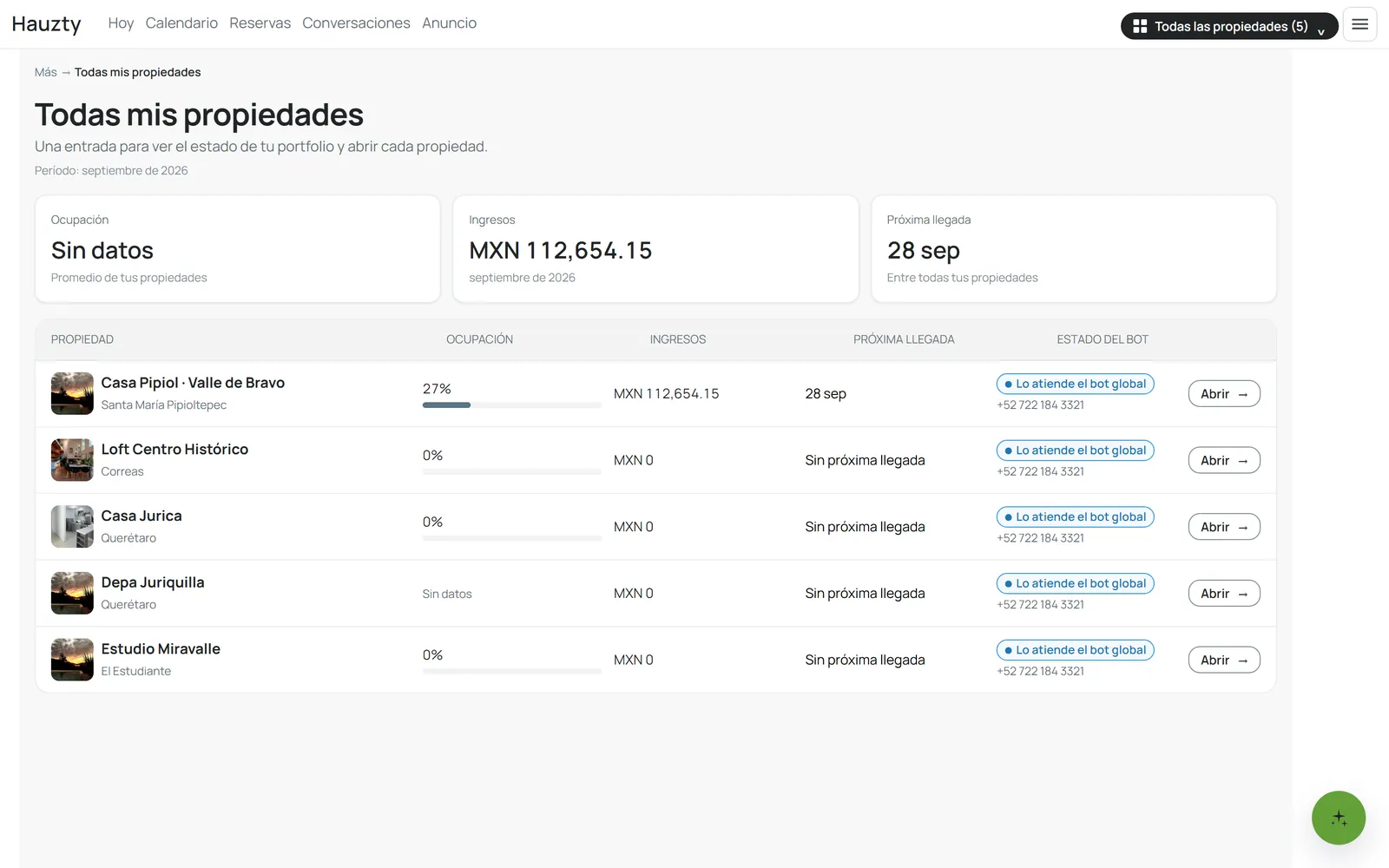Todas mis propiedades: ocupación, ingresos y estado del bot