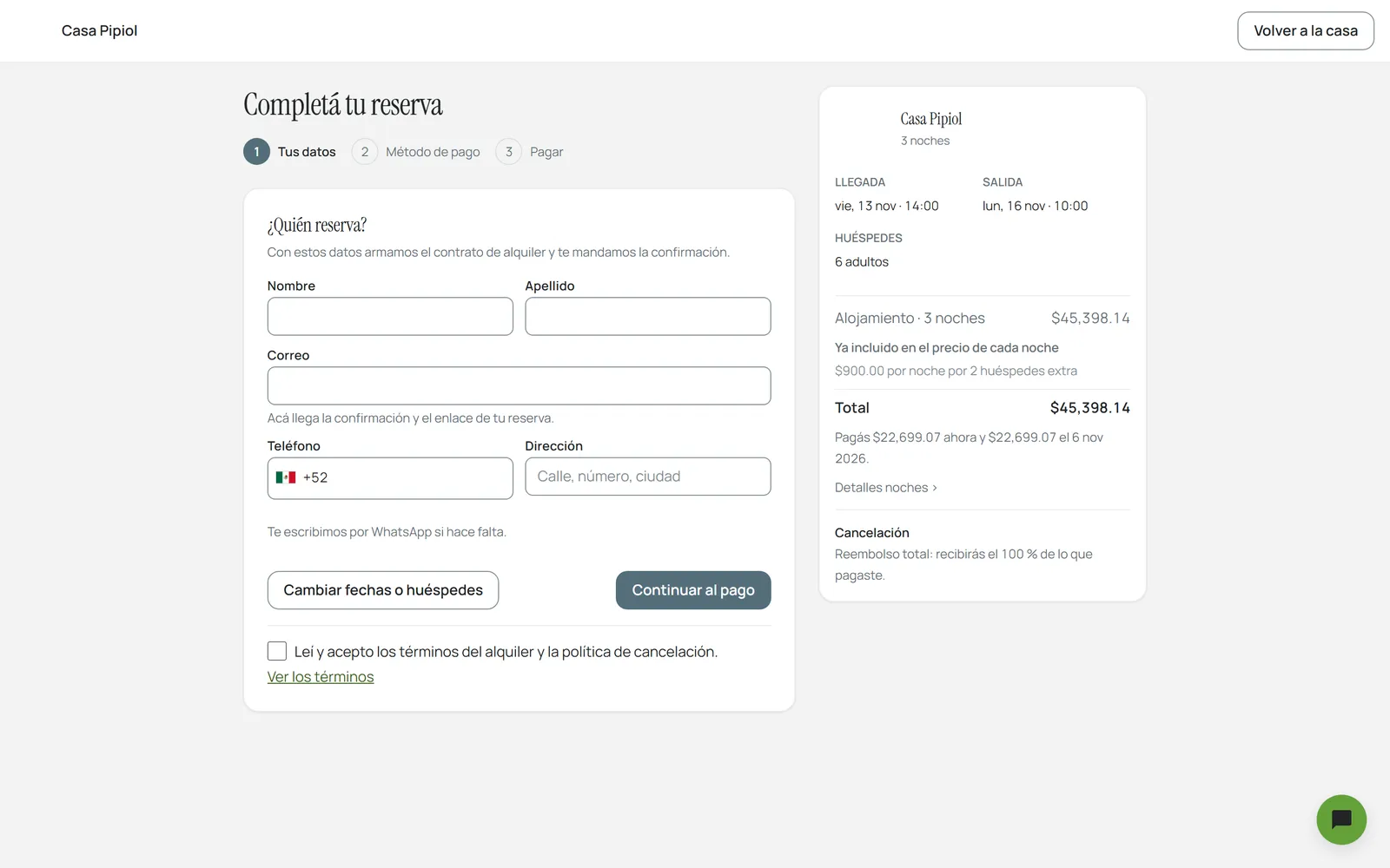 Checkout con los datos del huésped y el desglose